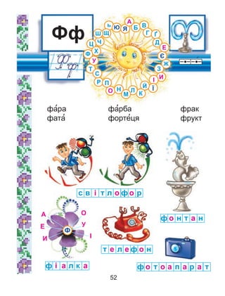 фа’ра
фата’
фа’рба
форте’ця
фрак
фрукт
Фф
о нф нт а
і аф ал к
е лт о не ф
о тф п ао а а тр
в іс о фт л ро
Ф
Ї
Ю
ЩШ
Я
Ц Ч
Й
Ґ
Ж
ь
З
С
Х
К
Г
Б
А
О Н
М
П
Т
Л
В
Д
У
І И
Е
Р
Є
А О
У
ІИ
Е
Ф
52
 