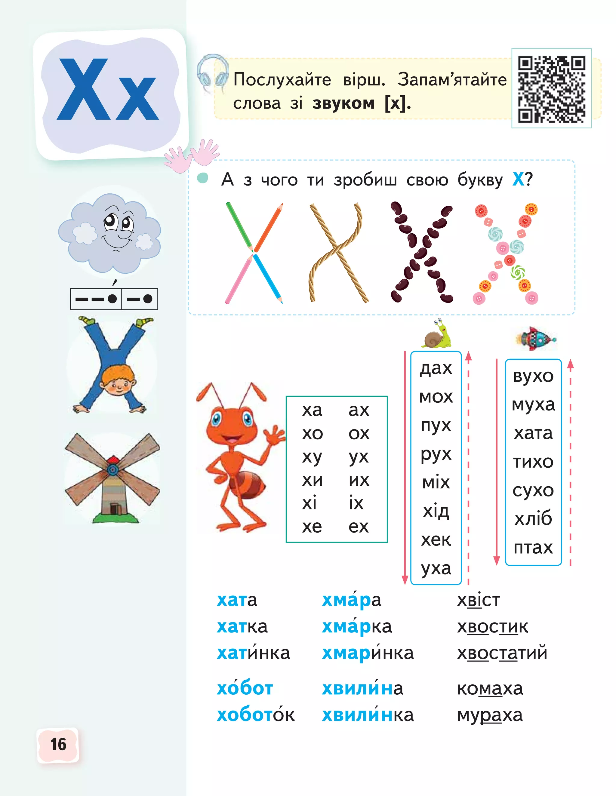 16
16
16
Хх
Хх Послухайте вірш. Запам’ятайте
слова зі звуком [х].
А з чого ти зробиш свою букву Х?
хата хмара хвіст
хатка хмарка хвостик
хатинка хмаринка хвостатий
хобот хвилина комаха
хоботок хвилинка мураха
дах
мох
пух
рух
міх
хід
хек
уха
вухо
муха
хата
тихо
сухо
хліб
птах
ха ах
хо ох
ху ух
хи их
хі іх
хе ех
 