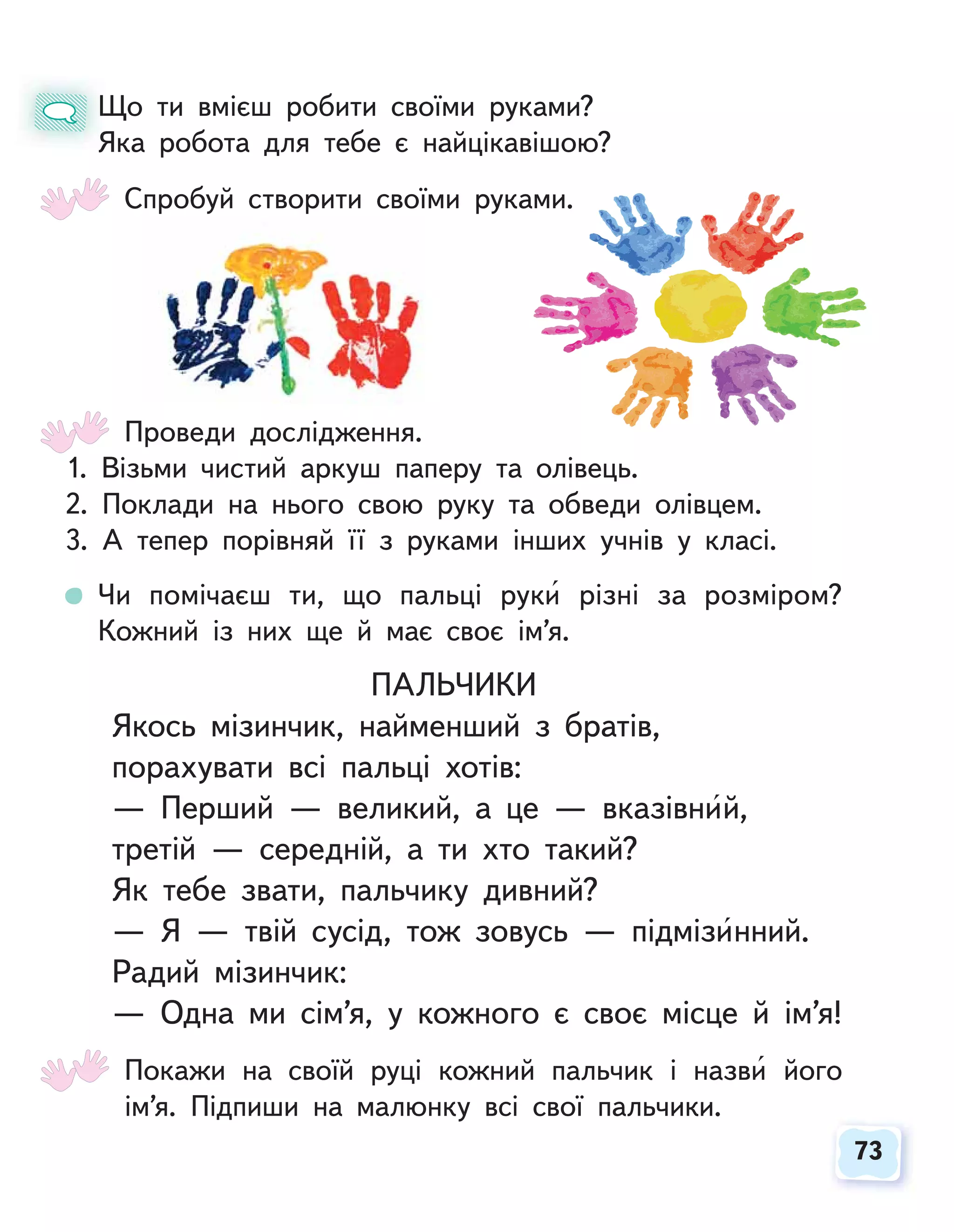 73
73
Що ти вмієш робити своїми руками?
Яка робота для тебе є найцікавішою?
Спробуй створити своїми руками.
Щ
Я
Проведи дослідження.
1. Візьми чистий аркуш паперу та олівець.
2. Поклади на нього свою руку та обведи олівцем.
3. А тепер порівняй її з руками інших учнів у класі.
Чи помічаєш ти, що пальці руки різні за розміром?
Кожний із них ще й має своє ім’я.
ПАЛЬЧИКИ
Якось мізинчик, найменший з братів,
порахувати всі пальці хотів:
— Перший — великий, а це — вказівний,
третій — середній, а ти хто такий?
Як тебе звати, пальчику дивний?
— Я — твій сусід, тож зовусь — підмізинний.
Радий мізинчик:
— Одна ми сім’я, у кожного є своє місце й ім’я!
Покажи на своїй руці кожний пальчик і назви його
ім’я. Підпиши на малюнку всі свої пальчики.
 