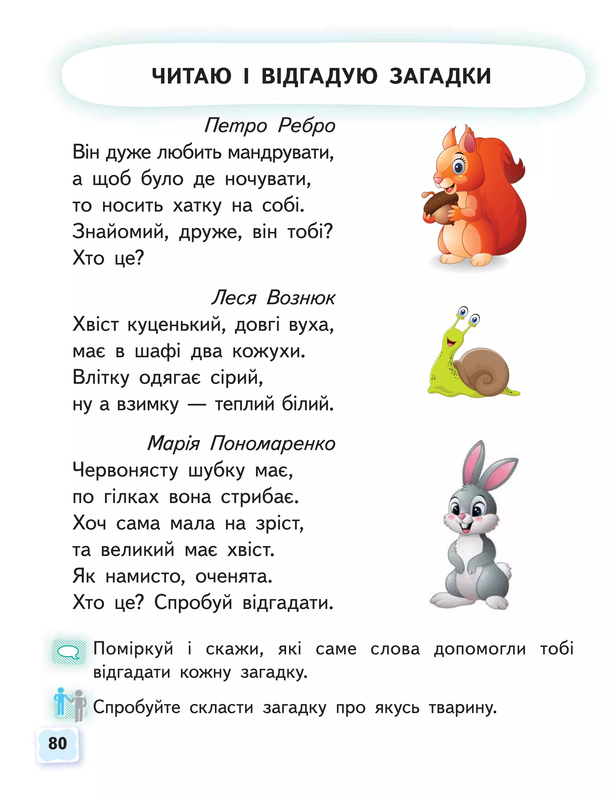 80
80
ЧИТАЮ І ВІДГАДУЮ ЗАГАДКИ
Петро Ребро
Він дуже любить мандрувати,
а щоб було де ночувати,
то носить хатку на собі.
Знайомий, друже, він тобі?
Хто це?
Леся Вознюк
Хвіст куценький, довгі вуха,
має в шафі два кожухи.
Влітку одягає сірий,
ну а взимку — теплий білий.
Марія Пономаренко
Червонясту шубку має,
по гілках вона стрибає.
Хоч сама мала на зріст,
та великий має хвіст.
Як намисто, оченята.
Хто це? Спробуй відгадати.
Поміркуй і скажи, які саме слова допомогли тобі
відгадати кожну загадку.
Спробуйте скласти загадку про якусь тварину.
П
в
С
 