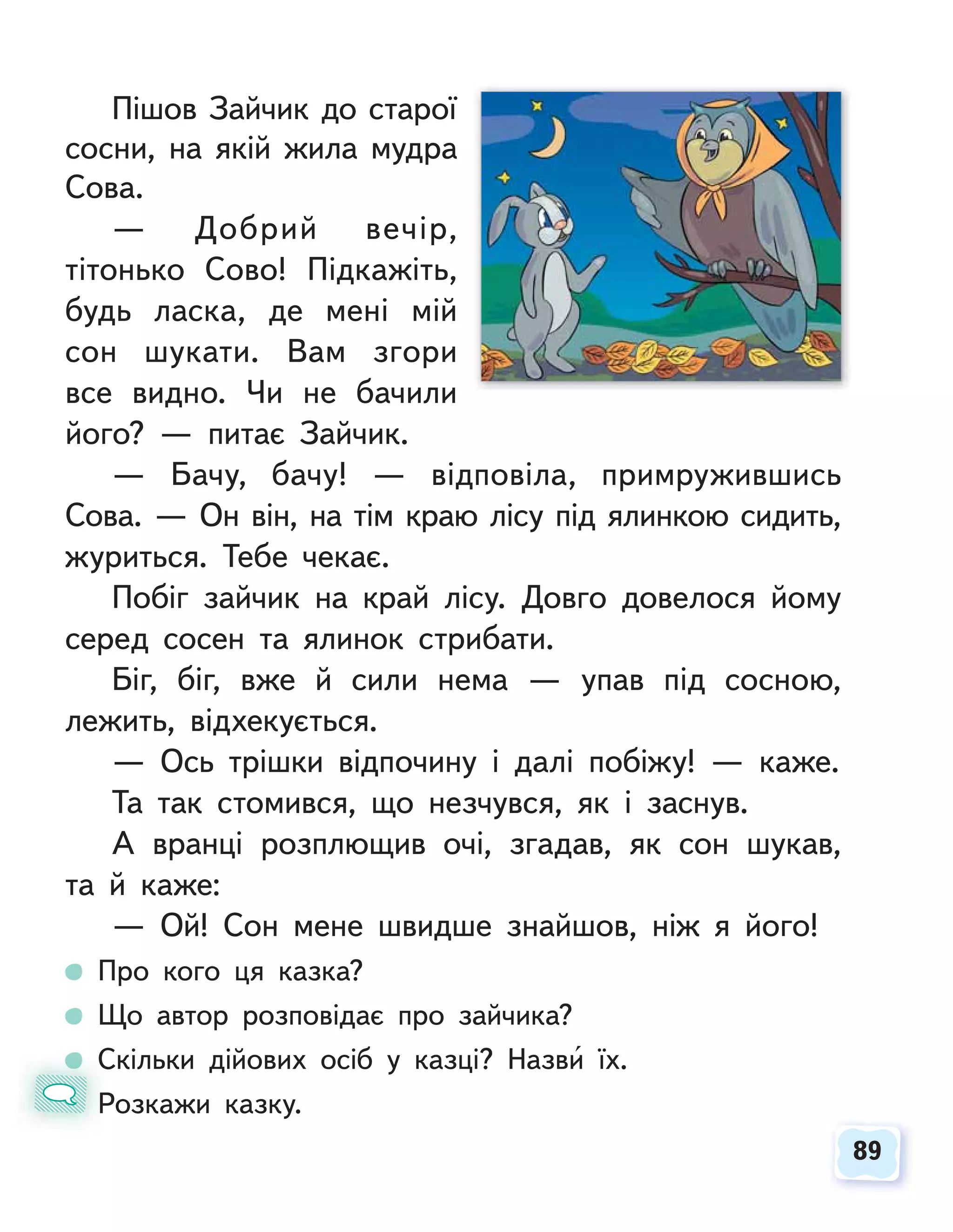 89
89
Пішов Зайчик до старої
сосни, на якій жила мудра
Сова.
— Добрий вечір,
тітонько Сово! Підкажіть,
будь ласка, де мені мій
сон шукати. Вам згори
все видно. Чи не бачили
його? — питає Зайчик.
— Бачу, бачу! — відповіла, примружившись
Сова. — Он він, на тім краю лісу під ялинкою сидить,
журиться. Тебе чекає.
Побіг зайчик на край лісу. Довго довелося йому
серед сосен та ялинок стрибати.
Біг, біг, вже й сили нема — упав під сосною,
лежить, відхекується.
— Ось трішки відпочину і далі побіжу! — каже.
Та так стомився, що незчувся, як і заснув.
А вранці розплющив очі, згадав, як сон шукав,
та й каже:
— Ой! Сон мене швидше знайшов, ніж я його!
Про кого ця казка?
Що автор розповідає про зайчика?
Скільки дійових осіб у казці? Назви їх.
Розкажи казку.
С
Р
 