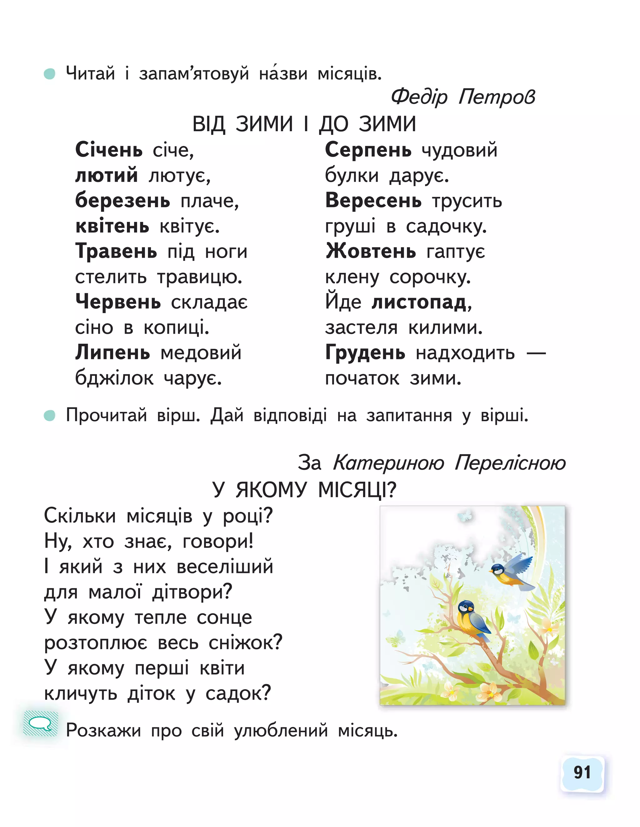 91
91
Читай і запам’ятовуй назви місяців.
Федір Петров
ВІД ЗИМИ І ДО ЗИМИ
Січень січе, Серпень чудовий
лютий лютує, булки дарує.
березень плаче, Вересень трусить
квітень квітує. груші в садочку.
Травень під ноги Жовтень гаптує
стелить травицю. клену сорочку.
Червень складає Йде листопад,
сіно в копиці. застеля килими.
Липень медовий Грудень надходить —
бджілок чарує. початок зими.
Прочитай вірш. Дай відповіді на запитання у вірші.
За Катериною Перелісною
У ЯКОМУ МІСЯЦІ?
Скільки місяців у році?
Ну, хто знає, говори!
І який з них веселіший
для малої дітвори?
У якому тепле сонце
розтоплює весь сніжок?
У якому перші квіти
кличуть діток у садок?
Розкажи про свій улюблений місяць.
к
Р
Ц
 