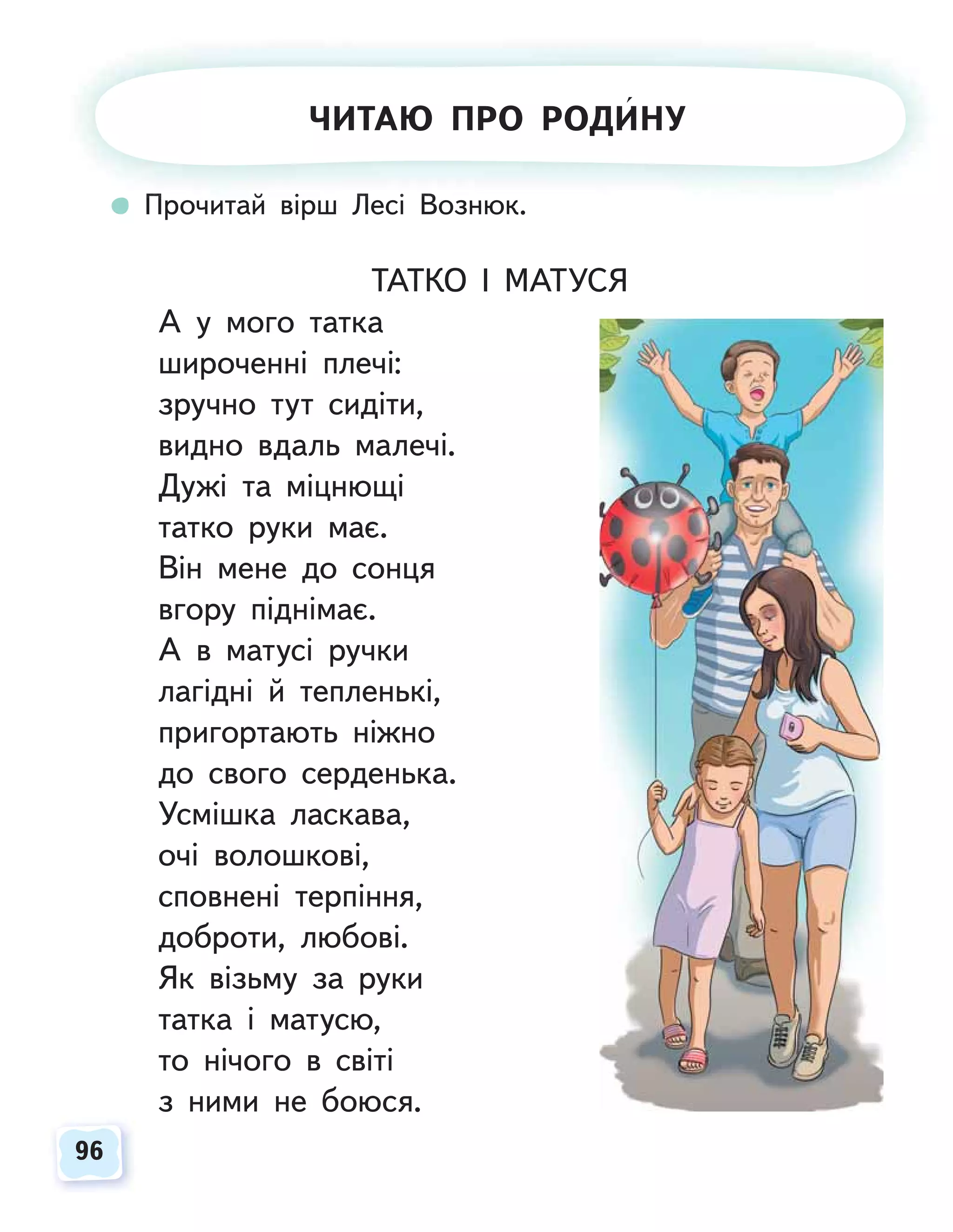 96
96
Прочитай вірш Лесі Вознюк.
ТАТКО І МАТУСЯ
А у мого татка
широченні плечі:
зручно тут сидіти,
видно вдаль малечі.
Дужі та міцнющі
татко руки має.
Він мене до сонця
вгору піднімає.
А в матусі ручки
лагідні й тепленькі,
пригортають ніжно
до свого серденька.
Усмішка ласкава,
очі волошкові,
сповнені терпіння,
доброти, любові.
Як візьму за руки
татка і матусю,
то нічого в світі
з ними не боюся.
П
Про
оч
чи
ит
та
ай
й ві
ірш Л
Лесі
і В
Вознюк
ЧИТАЮ ПРО РОДИНУ
 