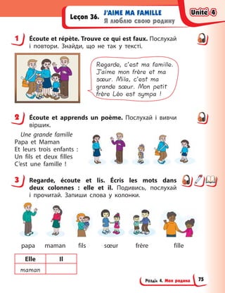 Розділ 4. Моя родина
J’AIME MA FAMILLE
Я люблю свою родину
Leçon 36.
1 Écoute et répète. Trouve ce qui est faux. Послухай
і  повтори. Знайди, що не так у  тексті.
Regarde, c’est ma famille.
J’aime mon frère et ma
sœur. Mila, c’est ma
grande sœur. Mon petit
frère Léo est sympa !
2 Écoute et apprends un poème. Послухай і  вивчи
віршик.
Une grande famille
Papa et Maman
Et leurs trois enfants  :
Un fils et deux filles
C’est une famille  !
3 Regarde, écoute et lis. Écris les mots dans
deux colonnes  : elle et il. Подивись, послухай
і  прочитай. Запиши слова у  колонки.
papa maman fils sœur frère fille
Elle Il
maman
1
2
3
Unité 4
Unité 4
Unité 4
Unité 4
75
 