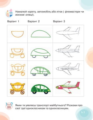 6363
Яким ти уявляєш транспорт майбутнього? Розкажи про
свої ідеї однокласникам та однокласницям.
Намалюй карету, автомобіль або літак ( фломастери чи
воскові олівці).
Варіант 1 Варіант 3Варіант 2
 