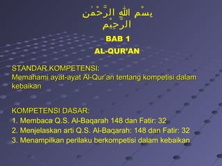 STANDAR KOMPETENSI:STANDAR KOMPETENSI:
Memahami ayat-ayat Al-Qur’an tentang kompetisi dalamMemahami ayat-ayat Al-Qur’an tentang kompetisi dalam
kebaikankebaikan
KOMPETENSI DASAR:KOMPETENSI DASAR:
1. Membaca Q.S. Al-Baqarah 148 dan Fatir: 32
2. Menjelaskan arti Q.S. Al-Baqarah: 148 dan Fatir: 32
3. Menampilkan perilaku berkompetisi dalam kebaikan
‫ن‬ِ ‫م‬ٰ ‫ح‬ْ ‫ر‬ّ ‫ال‬ ‫ا‬ِ ‫م‬ِ ‫س‬ْ ‫ب‬ِ
‫م‬ِ ‫ي‬ْ ‫ح‬ِ ‫ر‬ّ ‫ال‬
BAB 1
AL-QUR’AN
 
