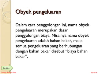 Obyek pengeluaran
Dalam cara penggolongan ini, nama obyek
pengeluaran merupakan dasar
penggolongan biaya. Misalnya nama obyek
pengeluaran adalah bahan bakar, maka
semua pengeluaran yang berhubungan
dengan bahan bakar disebut “biaya bahan
bakar”.
Go to…
1-konsep akuntansi biaya

02/10/14

 
