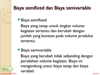 Biaya semifixed dan Biaya semivariable
Biaya

semifixed
Biaya yang tetap untuk tingkat volume
kegiatan tertentu dan berubah dengan
jumlah yang konstan pada volume produksi
tertentu.

Biaya

Go to…
1-konsep akuntansi biaya

semivariable
Biaya yang berubah tidak sebanding dengan
perubahan volume kegiatan. Biaya ini
mengandung unsur biaya tetap dan biaya
variabel.

02/10/14

 