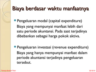 Biaya berdasar waktu manfaatnya
Pengeluaran

modal (capital expenditure)
Biaya yang mempunyai manfaat lebih dari
satu periode akuntansi. Pada saat terjadinya
dibebankan sebagai harga pokok aktiva.

Pengeluaran

investasi (revenue expenditure)
Biaya yang hanya mempunyai manfaat dalam
periode akuntansi terjadinya pengeluaran
tersebut.

1-konsep akuntansi biaya

02/10/14

 