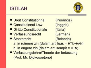 ISTILAH








Droit Constitutionnel
(Perancis)
Constitutional Law
(Inggris)
Diritto Constitutionale
(Italia)
Verfassungsrecht
(Jerman)
Staatsrecht
(Belanda)
a. in ruimere zin (dalam arti luas = HTN+HAN)
b. in engere zin (dalam arti sempit = HTN)
Verfassungslehre/Theorie der ferfassung
(Prof. Mr. Djokosoetono)

 