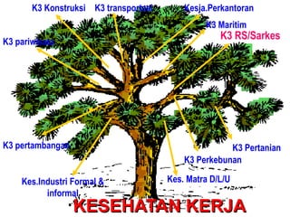KESEHATAN KERJA Kes. Matra D/L/U Kesja.Perkantoran Kes.Industri Formal & informal K3 Konstruksi K3 RS/Sarkes K3 transportasi K3 Maritim K3 pertambangan K3 pariwisata K3 Perkebunan K3 Pertanian 