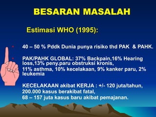 Estimasi WHO (1995): 40 – 50 % Pddk Dunia punya risiko thd PAK  & PAHK. PAK/PAHK GLOBAL: 37% Backpain,16% Hearing loss,13% peny.paru obstruksi kronis, 11% asthma, 10% kecelakaan, 9% kanker paru, 2% leukemia KECELAKAAN akibat KERJA : +/- 120 juta/tahun, 200.000 kasus berakibat fatal, 68 – 157 juta kasus baru akibat pemajanan. BESARAN MASALAH 