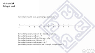 Nilai Mutlak
Sebagai Jarak
Perhatikan masalah pada garis bilangan berikut ini.
0 1 2 3 4-4 -3 -2 -1 ......
Berapakah jarak antara 0 dan -2 ? (Jawab : 2 satuan)
Berapakah jarak antara 0 dan 4 ?
Berapakah jarak antara 0 dan bilangan real 𝑎 ?
Berapakah jarak antara -3 dengan 5 ?
Berapakah jarak antara 2 dengan -100 ?
Berapakah jarak antara bilangan real 𝑥 dengan bilangan real 𝑎 ?
 