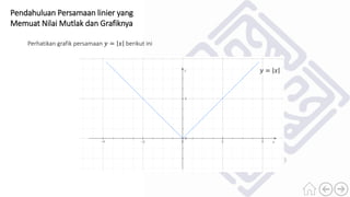 Pendahuluan Persamaan linier yang
Memuat Nilai Mutlak dan Grafiknya
Perhatikan grafik persamaan 𝑦 = 𝑥 berikut ini
𝑦 = 𝑥
 