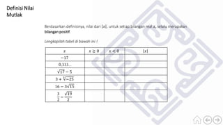 Definisi Nilai
Mutlak
Berdasarkan definisinya, nilai dari 𝑥 , untuk setiap bilangan real 𝑥, selalu merupakan
bilangan positif.
Lengkapilah tabel di bawah ini !
𝑥 𝑥 ≥ 0 𝑥 < 0 𝑥
−17
0,333...
17 − 5
3 +
3
−25
16 − 3 15
3
2
−
19
2
 