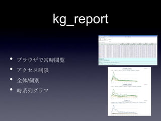 kg_report

•   ブラウザで常時閲覧
•   アクセス制限
•   全体/個別
•   時系列グラフ
 