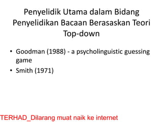 Penyelidik Utama dalam Bidang
Penyelidikan Bacaan Berasaskan Teori
Top-down
• Goodman (1988) - a psycholinguistic guessing
game
• Smith (1971)
TERHAD_Dilarang muat naik ke internet
TERHAD_Dilarang muat naik ke internet
 