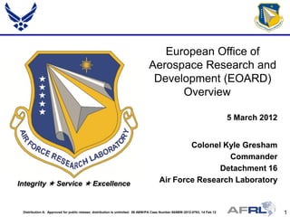 European Office of
                                                                               Aerospace Research and
                                                                                Development (EOARD)
                                                                                     Overview

                                                                                                                            5 March 2012


                                                                                             Colonel Kyle Gresham
                                                                                                      Commander
                                                                                                    Detachment 16
Integrity  Service  Excellence                                                     Air Force Research Laboratory


 Distribution A: Approved for public release; distribution is unlimited. 88 ABW/PA Case Number 88ABW-2012-0793, 14 Feb 12                  1
 