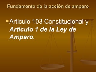 Fundamento de la acción de amparo Articulo 103 Constitucional y  Artículo 1 de la Ley de Amparo. 