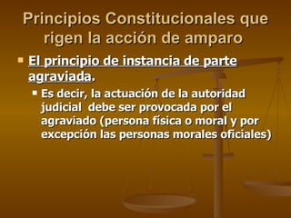 Principios Constitucionales que rigen la acción de amparo   El principio de instancia de parte agraviada . Es decir, la actuación de la autoridad judicial  debe ser provocada por el agraviado (persona física o moral y por excepción las personas morales oficiales) 