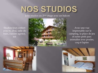 NOS STUDIOSJolie studios au 2ème étage avec un balconStudios tout confort avec tv, dvd, salle de bain, cuisine agencé, ect Avec une vue imprenable sur le camping, la place de jeu et notre petit parc animalier avec poules, coq et lapins