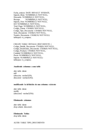 Fecha_emision DATE DEFAULT SYSDATE,
Importe_Bruto NUMBER(8,2) NOT NULL,
Descuento NUMBER(8,2) NOT NULL,
Recargo NUMBER(8,2) NOT NULL,
Importe_Neto NUMBER(8,2) NOT NULL,
IGV NUMBER(8,2) NOT NULL,
Total_Pagar NUMBER(8,2) NOT NULL,
Codigo_Cliente CHAR(8) NOTNULL,
Codigo_Tipo_Documento CHAR(8) NOT NULL,
Serie_Documento CHAR(3) NOT NULL,
Numero_Documento CHAR(10) NOT NULL)
tablespace ts_compras;
CREATE TABLE DETALLE_DOCUMENTO (
Codigo_Detalle_Documento CHAR(8) NOT NULL,
Codigo_Encabezado_Documento CHAR(8) NOT NULL,
Codigo_Producto CHAR(8) NOT NULL,
Cantidad NUMBER(8,2) NOT NULL,
Precio NUMBER(8,2) NOT NULL,
Importe NUMBER(8,2) NOT NULL)
tablespace ts_compras;
Anadiendo columnas a una table
alter table cliente
add
(direccion varchar2(50),
direccion2 varchar2(20));
modificando la definición de una columna existente
alter table cliente
modify
(direccion2 varchar2(50));
Eliminando columnas
alter table cliente
drop column direccion2;
Eliminando Tablas
drop table cliente
ALTER TABLE TIPO_DOCUMENTO
 