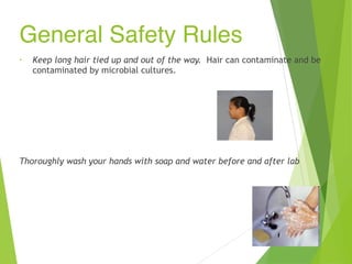 General Safety Rules
• Keep long hair tied up and out of the way. Hair can contaminate and be
contaminated by microbial cultures.
•
Thoroughly wash your hands with soap and water before and after lab
 