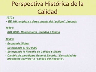 Perspectiva Histórica de la
             Calidad
1970’s
• EE. UU. empieza a darse cuenta del “peligro” Japonés

1980’s
• ISO 9000 - Reingeniería - Calidad 6 Sigma

1990’s
• Economía Global
• Se extiende el ISO 9000
• Se expande la filosofía de Calidad 6 Sigma
• Cambio de paradigma General Electric: “De calidad de
  productos-servicio” a “calidad del Negocio”.
 