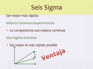 Seis Sigma
Ser mejor más rápido

Mejora Continua=Supervivencia

• La competencia usa mejora continua

Seis Sigma=Dominio

• Ser mejor lo más rápido posible
 
