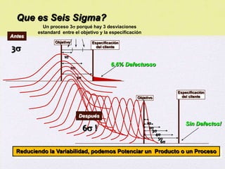 Que es Seis Sigma?
           Un proceso 3 porqué hay 3 desviaciones
         estandard entre el objetivo y la especificación
Antes
                Objetivo               Especificación
3                                       del cliente

                     1
                                                6.6% Defectuoso
                           2

                                3


                                                                         Especificación
                                                        Objetivo           del cliente




                                Después
                                                             1              Sin Defectos!
                                     6 !                     2
                                                                3
                                                                 4
                                                                   5
                                                                    6

  Reduciendo la Variabilidad, podemos Potenciar un Producto o un Proceso
 