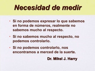 Necesidad de medir
• Si no podemos expresar lo que sabemos
  en forma de números, realmente no
  sabemos mucho al respecto.
• Si no sabemos mucho al respecto, no
  podemos controlarlo.
• Si no podemos controlarlo, nos
  encontramos a merced de la suerte.
                    Dr. Mikel J. Harry
 