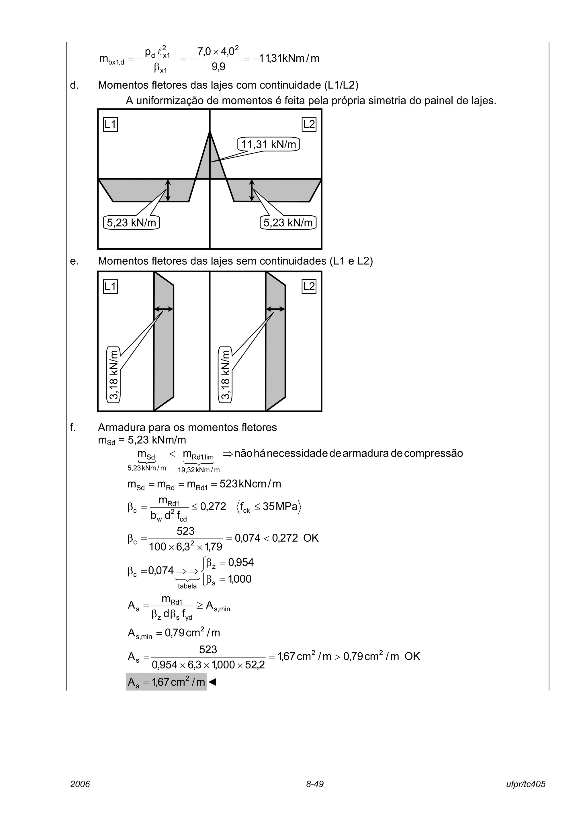 2006 8-49 ufpr/tc405
m/kNm31,11
9,9
0,40,7p
m
2
1x
2
1xd
d,1bx −=
×
−=
β
−=
l
d. Momentos fletores das lajes com continuidade (L1/L2)
A uniformização de momentos é feita pela própria simetria do painel de lajes.
e. Momentos fletores das lajes sem continuidades (L1 e L2)
f. Armadura para os momentos fletores
mSd = 5,23 kNm/m
{
compressãodearmaduradeenecessidadhánãomm
m/kNm32,19
lim,1Rd
m/kNm23,5
Sd ⇒<
321
m/kNcm523mmm 1RdRdSd ===
MPa35f272,0
fdb
m
ck
cd
2
w
1Rd
c ≤≤=β
OK272,0074,0
79,13,6100
523
2c <=
××
=β



=β
=β
⇒⇒=β
000,1
954,0
074,0
s
z
tabela
c 321
min,s
ydsz
1Rd
s A
fd
m
A ≥
ββ
=
m/cm79,0A 2
min,s =
OKm/cm79,0m/cm67,1
2,52000,13,6954,0
523
A 22
s >=
×××
=
m/cm67,1A 2
s = ◄
L1
11,31 kN/m
5,23 kN/m
L2
5,23 kN/m
L1 L2
3,18kN/m
3,18kN/m
 
