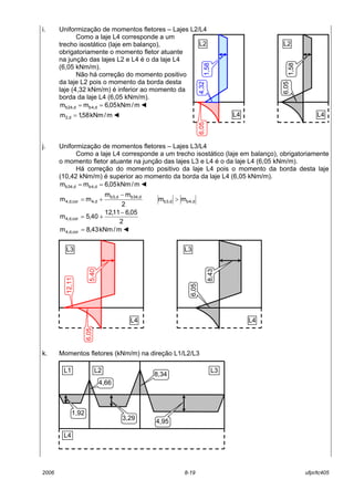 2006 8-19 ufpr/tc405
i. Uniformização de momentos fletores – Lajes L2/L4
Como a laje L4 corresponde a um
trecho isostático (laje em balanço),
obrigatoriamente o momento fletor atuante
na junção das lajes L2 e L4 é o da laje L4
(6,05 kNm/m).
Não há correção do momento positivo
da laje L2 pois o momento da borda desta
laje (4,32 kNm/m) é inferior ao momento da
borda da laje L4 (6,05 kNm/m).
m/kNm05,6mm d,4bd,24b == ◄
m/kNm58,1m d,2 = ◄
j. Uniformização de momentos fletores – Lajes L3/L4
Como a laje L4 corresponde a um trecho isostático (laje em balanço), obrigatoriamente
o momento fletor atuante na junção das lajes L3 e L4 é o da laje L4 (6,05 kNm/m).
Há correção do momento positivo da laje L4 pois o momento da borda desta laje
(10,42 kNm/m) é superior ao momento da borda da laje L4 (6,05 kNm/m).
m/kNm05,6mm d,4bd,34b == ◄
d,4bd,3b
d,34bd,3b
d,4cor,d,4 mm
2
mm
mm >
−
+=
2
05,611,12
40,5m cor,d,4
−
+=
m/kNm43,8m cor,d,4 = ◄
k. Momentos fletores (kNm/m) na direção L1/L2/L3
L2
L4
1,58
4,326,05
L2
L4
1,58
6,05
L3
L4
5,40
12,11
6,05
L3
L4
8,43
6,05
L1 L2 L3
L4
1,92
3,29
4,95
4,66
8,34
 