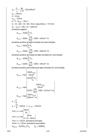 2006 8-24 ufpr/tc405
2
s
yk
yd kN/cm2,52
1,15
60f
f ==
γ
=
cm010bw =
cm12h =
cm5,2cnom =
( )lφ+−= 5,1chd nom
( ) cm80,15,15,212d =×+−= (assumido φl = 10 mm)
2
wc cm002112100hbA =×==
armadura negativa
c
yd
cd
min,s A
f
f
035,0A =
m/cm44,11200
2,52
79,1
035,0A 2
min,s =××=
armadura positiva de lajes armadas em duas direções
c
yd
cd
min,s A
f
f
023,0A =
m/cm95,01200
2,52
79,1
023,0A 2
min,s =××=
armadura positiva (principal) de lajes armadas em uma direção
c
yd
cd
min,s A
f
f
035,0A =
m/cm44,11200
2,52
79,1
035,0A 2
min,s =××=
armadura positiva (secundária) de lajes armadas em uma direção














=
c
yd
cd
2
princ,s
min,s
A
f
f
018,0
cm9,0
A20,0
maxA














=××
=
m/cm74,01200
2,52
79,1
018,0
cm9,0
A20,0
maxA
2
2
princ,s
min,s






=
m/cm90,0
A20,0
maxA 2
princ,s
min,s
8
h
≤φl
mm5,12cm50,1
8
12
max, =φ⇒=≤φ ll






≤≤
h2
cm20
minscm7






=×
≤≤
cm24122
cm20
minscm7
cm20scm7 ≤≤ (armadura principal)
cm33scm10 ≤≤ (armadura secundária)
MPa35ffdb272,0m ckcd
2
wlim,1Rd ≤=
 