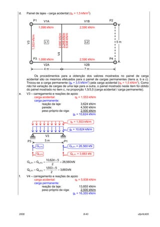 2006 8-43 ufpr/tc405
d. Painel de lajes - carga acidental (qk = 1,5 kN/m2
)
Os procedimentos para a obtenção dos valores mostrados no painel de carga
acidental são os mesmos efetuados para o painel de cargas permanentes (itens a, b e c).
Trocou-se a carga permanente (gk = 3,5 kN/m2
) pela carga acidental (qk = 1,5 kN/m2
). Como
não há variação de cargas de uma laje para a outra, o painel mostrado neste item foi obtido
do painel mostrado no item c, na proporção 1,5/3,5 (carga acidental / carga permanente).
e. V3 – carregamento e reações de apoio
carga acidental: qk = 1,553 kN/m
carga permanente:
reação da laje: 03,624 kN/m
parede: 04,500 kN/m
peso próprio da viga: 02,500 kN/m
gk = 10,624 kN/m
kN560,26
2
5624,10
GG 3P,kP1k, =
×
==
kN883,3
2
5553,1
QQ 3P,kP1k, =
×
==
f. V4 – carregamento e reações de apoio
carga acidental: qk = 5,938 kN/m
carga permanente:
reação da laje: 13,855 kN/m
peso próprio da viga: 02,500 kN/m
gk = 16,355 kN/m
2,690kN/m
3,248kN/m
5,938kN/m
P1
P3 P4
P2
V4
V3
V2BV2A
V1BV1A
L1 L2
4 m 7 m
5 m
1,098 kN/m
1,553kN/m
1,098 kN/m
2,590 kN/m
2,590 kN/m
P3 P1
V3
5 m
qk = 1,553 kN/m
gk = 10,624 kN/m
Gk,P1 = 26,560 kN
Qk,P1 = 3,883 kN
Gk,P3
Qk,P3
 