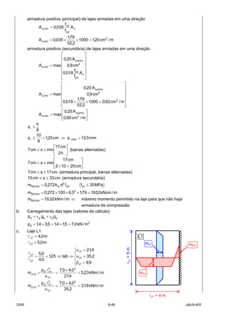 2006 8-48 ufpr/tc405
armadura positiva (principal) de lajes armadas em uma direção
c
yd
cd
min,s A
f
f
035,0A =
m/cm20,11000
2,52
79,1
035,0A 2
min,s =××=
armadura positiva (secundária) de lajes armadas em uma direção














=
c
yd
cd
2
princ,s
min,s
A
f
f
018,0
cm9,0
A20,0
maxA














=××
=
m/cm62,01000
2,52
79,1
018,0
cm9,0
A20,0
maxA
2
2
princ,s
min,s






=
m/cm90,0
A20,0
maxA 2
princ,s
min,s
8
h
≤φl
mm5,12cm25,1
8
10
max, =φ⇒=≤φ ll






≤≤
h2
cm17
minscm7 (barras alternadas)






=×
≤≤
cm20102
cm17
minscm7
cm17scm7 ≤≤ (armadura principal, barras alternadas)
cm33scm10 ≤≤ (armadura secundária)
MPa35ffdb272,0m ckcd
2
wlim,1Rd ≤=
m/kNcm932179,13,6100272,0m 2
lim,1Rd =×××=
m/kNm32,19m lim,1Rd = ⇐ máximo momento permitido na laje para que não haja
armadura de compressão
b. Carregamento das lajes (valores de cálculo)
qqkgd qgp γ+γ=
2
d m/kN0,75,14,15,34,1p =×+×=
c. Laje L1
m0,4x1 =l
m0,5y1 =l





=β
=α
=α
⇒⇒==
9,9
2,35
4,21
tab25,1
0,4
0,5
1x
1y
1x
x1
y1
l
l
m/kNm23,5
4,21
0,40,7p
m
2
1x
2
1xd
d,1x =
×
=
α
=
l
m/kNm18,3
2,35
0,40,7p
m
2
1y
2
1xd
d,1y =
×
=
α
=
l
ly1=5m
lx1 = 4 m
L1
mbx1
mx1
my1
 