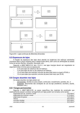 2006 8-5 ufpr/tc405
Figura 8.8 – Lajes contínuas de diferentes dimensões
8.5 Espessura de lajes
A fixação da espessura das lajes deve atender às exigências dos esforços solicitantes
(momento fletor e força cortante) para o estado limite último, bem como às verificações do estado
limite de serviço (flechas, vibrações, fissuração, etc).
Segundo a ABNT NBR 6118, item 13.2.4.1, nas lajes maciças devem ser respeitados os
seguintes limites mínimos para as espessuras:
− 5 cm para lajes de cobertura não em balanço;
− 7 cm para lajes de piso ou de cobertura em balanço;
− 10 cm para lajes que suportem veículos de peso total menor ou igual a 30 kN; e
− 12 cm para lajes que suportem veículos de peso total maior que 30 kN.
8.6 Cargas atuantes nas lajes
As cargas atuantes nas lajes podem ser:
− permanentes, devidas ao peso próprio, contra-piso, revestimento, paredes, etc.; e
− acidentais, decorrentes das condições de uso da laje (residência, escritório, escola,
biblioteca, etc.).
8.6.1 Cargas permanentes
Segundo a ABNT NBR 6120, os pesos específicos dos materiais de construção que
eventualmente possam constituir carregamento em lajes podem ser tomados como sendo:
argamassa de cal, cimento e areia ......................................................................... 19,0 kN/m3
argamassa de cimento e areia ................................................................................ 21,0 kN/m3
argamassa de gesso ............................................................................................... 12,5 kN/m3
reboco ..................................................................................................................... 20,0 kN/m3
concreto simples ..................................................................................................... 24,0 kN/m3
concreto armado ..................................................................................................... 25,0 kN/m3
21
3
2
ll ≥L1
L2
l1
l2
L1
L2
21
3
2
ll <L1
L2
l1
l2
L1
L2
 