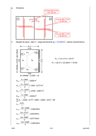 2006 8-51 ufpr/tc405
g. Armadura
h. Reação de apoio - laje L1 - carga permanente (gk = 3,5 kN/m2
) - valores característicos
2
1A m928,2
2
464,14
A =
×
=
2
3 m177,5464,1
2
072,25
A =×




 +
=
2
4 m967,8536,2
2
072,25
A =×




 +
=
2
2A m928,2
2
464,14
A =
×
=
OKm20928,2967,8177,5928,2A 2
n =+++=∑
i
nk
Vn
Ap
r
l
=
kN/m562,2
4
928,25,3
rV1A =
×
=
kN/m624,3
5
177,55,3
rV3 =
×
=
kN/m277,6
5
967,85,3
rV4 =
×
=
kN/m562,2
4
928,25,3
rV2A =
×
=
1,464
5m
A1A
A2A
A3 A4
45°
45°
60°
60°
V4
V3
V2A
V1A
4 m
1,464
2,536
1,4642,072
AL1 = 4 m x 5 m = 20 m2
PL1 = 20 m2
x 3,5 kN/m2
= 70 kN
L1 L2 φ 5 mm @ 17 cm
1,15 cm2
/m
φ 5 mm @ 11 cm
1,78 cm2
/m
φ 8 mm @ 13 cm
3,87 cm2
/m
 
