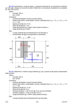 2006 8-66 ufpr/tc405
Ex. 8.6: Apresenta-se, na figura abaixo, o esquema estrutural de um pavimento constituído
por três lajes maciças de concreto armado. Determinar as armaduras necessárias nas posições
N1, N2 e N3 (cm2
/m).
Dados:
− concreto: C25; e
− aço: CA-60.
Considerar:
− somente solicitações normais (momento fletor);
− estado limite último, combinações normais, edificação tipo 2 (γg = 1,4, γq = 1,4, γc = 1,4
e γs = 1,15);
− espessura da laje (h): 10 cm;
− altura útil da laje (d): 7 cm;
− carga permanente (gk): 4 kN/m2
(peso próprio incluído); e
− carga acidental (qk): 2 kN/m2
.
Obs.:
− a carga acidental atua simultaneamente nas três lajes; e
− as dimensões da figura correspondem a centímetros.
Ex. 8.7: Determinar a máxima carga acidental (qk) que o painel de laje abaixo representado
pode suportar.
Dados:
− concreto: C25; e
− aço: CA-60.
Considerar:
− somente solicitações normais (momento fletor);
− estado limite último, combinações normais, edificação tipo 2 (γg = 1,4, γq = 1,4, γc = 1,4
e γs = 1,15);
− espessura da laje (h): 11 cm;
− altura útil da laje (d): 8 cm;
− armadura positiva: 1 φ de 10 mm @ 15 cm nas duas direções;
− armadura negativa: 1 φ de 10 mm @ 10 cm; e
− carga permanente (gk): 4 kN/m2
(peso próprio incluído).
Obs.:
− a carga acidental atua simultaneamente nas duas lajes.
L1
L2
L3
200 400
600
400
400
200 700
200
N1
N2
N3
 