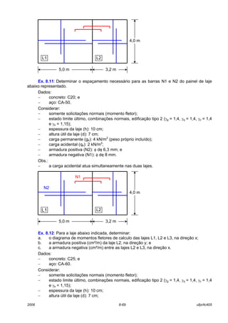 2006 8-69 ufpr/tc405
Ex. 8.11: Determinar o espaçamento necessário para as barras N1 e N2 do painel de laje
abaixo representado.
Dados:
− concreto: C20; e
− aço: CA-50.
Considerar:
− somente solicitações normais (momento fletor);
− estado limite último, combinações normais, edificação tipo 2 (γg = 1,4, γq = 1,4, γc = 1,4
e γs = 1,15);
− espessura da laje (h): 10 cm;
− altura útil da laje (d): 7 cm;
− carga permanente (gk): 4 kN/m2
(peso próprio incluído);
− carga acidental (qk): 2 kN/m2
;
− armadura positiva (N2): φ de 6,3 mm; e
− armadura negativa (N1): φ de 8 mm.
Obs.:
− a carga acidental atua simultaneamente nas duas lajes.
Ex. 8.12: Para a laje abaixo indicada, determinar:
a. o diagrama de momentos fletores de calculo das lajes L1, L2 e L3, na direção x;
b. a armadura positiva (cm²/m) da laje L2, na direção y; e
c. a armadura negativa (cm²/m) entre as lajes L2 e L3, na direção x.
Dados:
− concreto: C25; e
− aço: CA-60.
Considerar:
− somente solicitações normais (momento fletor);
− estado limite último, combinações normais, edificação tipo 2 (γg = 1,4, γq = 1,4, γc = 1,4
e γs = 1,15);
− espessura da laje (h): 10 cm;
− altura útil da laje (d): 7 cm;
5,0 m 3,2 m
4,0 m
L1 L2
5,0 m 3,2 m
4,0 m
L1 L2
N1
N2
 