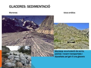 GLACERES: SEDIMENTACIÓ
Morrenes                          blocs erràtics




                         Morrena: acumulació de sorra,
                         pedres i rocam transportats i
                         dipositats pel gel d’una glacera
 