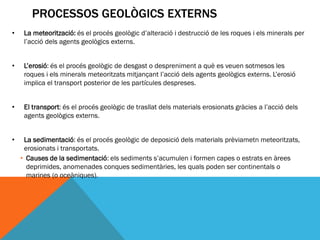 PROCESSOS GEOLÒGICS EXTERNS
•    La meteorització: és el procés geològic d’alteració i destrucció de les roques i els minerals per
     l’acció dels agents geològics externs.


•    L’erosió: és el procés geològic de desgast o despreniment a què es veuen sotmesos les
     roques i els minerals meteoritzats mitjançant l’acció dels agents geològics externs. L’erosió
     implica el transport posterior de les partícules despreses.


•    El transport: és el procés geològic de trasllat dels materials erosionats gràcies a l’acció dels
     agents geològics externs.


•    La sedimentació: és el procés geològic de deposició dels materials prèviametn meteoritzats,
     erosionats i transportats.
    • Causes de la sedimentació: els sediments s’acumulen i formen capes o estrats en àrees
      deprimides, anomenades conques sedimentàries, les quals poden ser continentals o
      marines (o oceàniques).
 