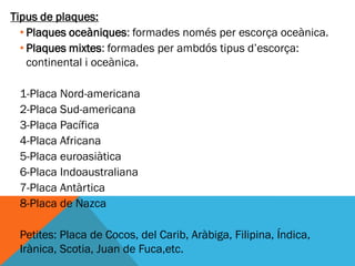 Tipus de plaques:
  • Plaques oceàniques: formades només per escorça oceànica.
  • Plaques mixtes: formades per ambdós tipus d’escorça:
    continental i oceànica.

 1-Placa Nord-americana
 2-Placa Sud-americana
 3-Placa Pacífica
 4-Placa Africana
 5-Placa euroasiàtica
 6-Placa Indoaustraliana
 7-Placa Antàrtica
 8-Placa de Nazca

 Petites: Placa de Cocos, del Carib, Aràbiga, Filipina, Índica,
 Irànica, Scotia, Juan de Fuca,etc.
 