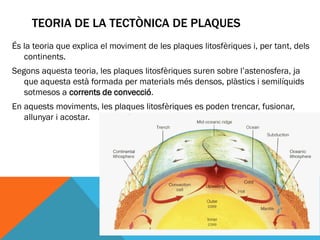 TEORIA DE LA TECTÒNICA DE PLAQUES
És la teoria que explica el moviment de les plaques litosfèriques i, per tant, dels
   continents.
Segons aquesta teoria, les plaques litosfèriques suren sobre l’astenosfera, ja
   que aquesta està formada per materials més densos, plàstics i semilíquids
   sotmesos a corrents de convecció.
En aquests moviments, les plaques litosfèriques es poden trencar, fusionar,
   allunyar i acostar.
 