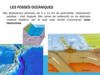 LES FOSSES OCEÀNIQUES
Són depressions abismals, de 5 a 11 km de profunditat, relativament
  estretes i molt llargues. Són zones de subducció on es destrueix
  material litosfèric, per la qual cosa també s’anomenen vores
  destructives.
 