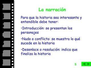 5
La narración
Para que la historia sea interesante y
entendible debe tener:
•Introducción: se presentan los
personajes
•Nudo o conflicto: se muestra lo qué
sucede en la historia
•Desenlace o resolución: indica que
finaliza la historia
 