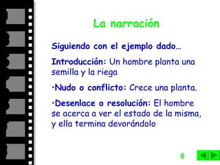 6
La narración
Siguiendo con el ejemplo dado…
Introducción: Un hombre planta una
semilla y la riega
•Nudo o conflicto: Crece una planta.
•Desenlace o resolución: El hombre
se acerca a ver el estado de la misma,
y ella termina devorándolo
 