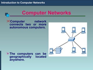 Introduction to Computer Networks



               Computer Networks
    Computer      network
     connects two or more
     autonomous computers.




      The computers can be
      geographically located
      anywhere.
 