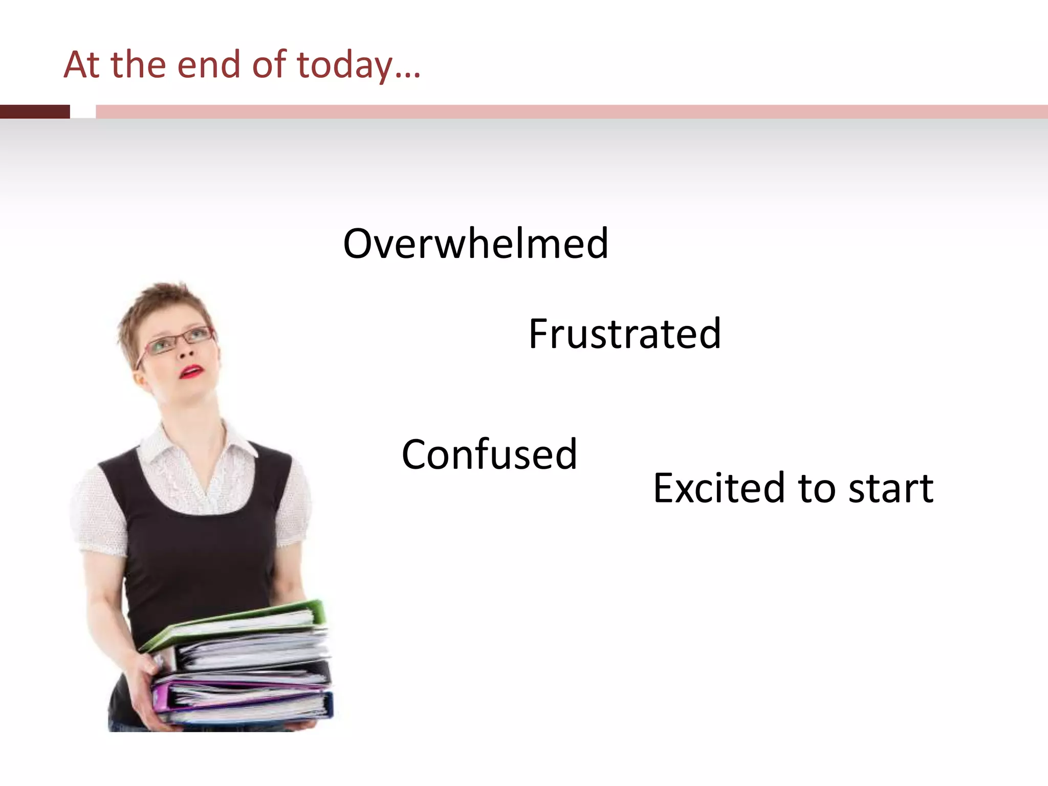 At the end of today…
Overwhelmed
Frustrated
Confused
Excited to start
 