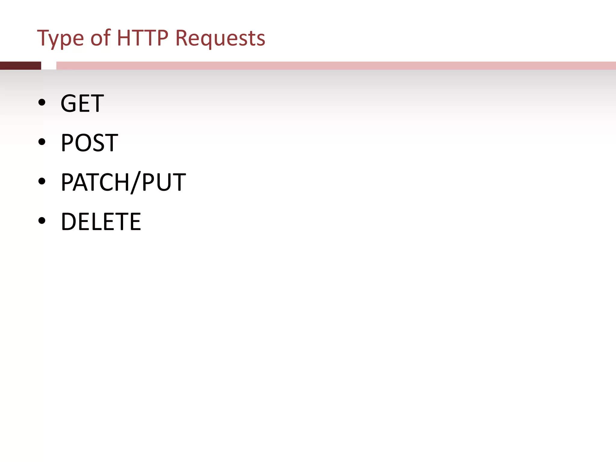Type of HTTP Requests
• GET
• POST
• PATCH/PUT
• DELETE
 